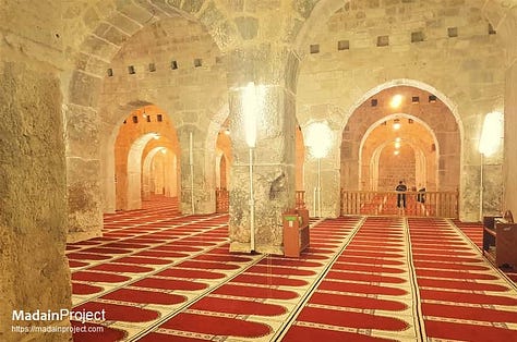 The mosque entrance (left), inside the mosque (center), the repair job on the Southern Wall (right)