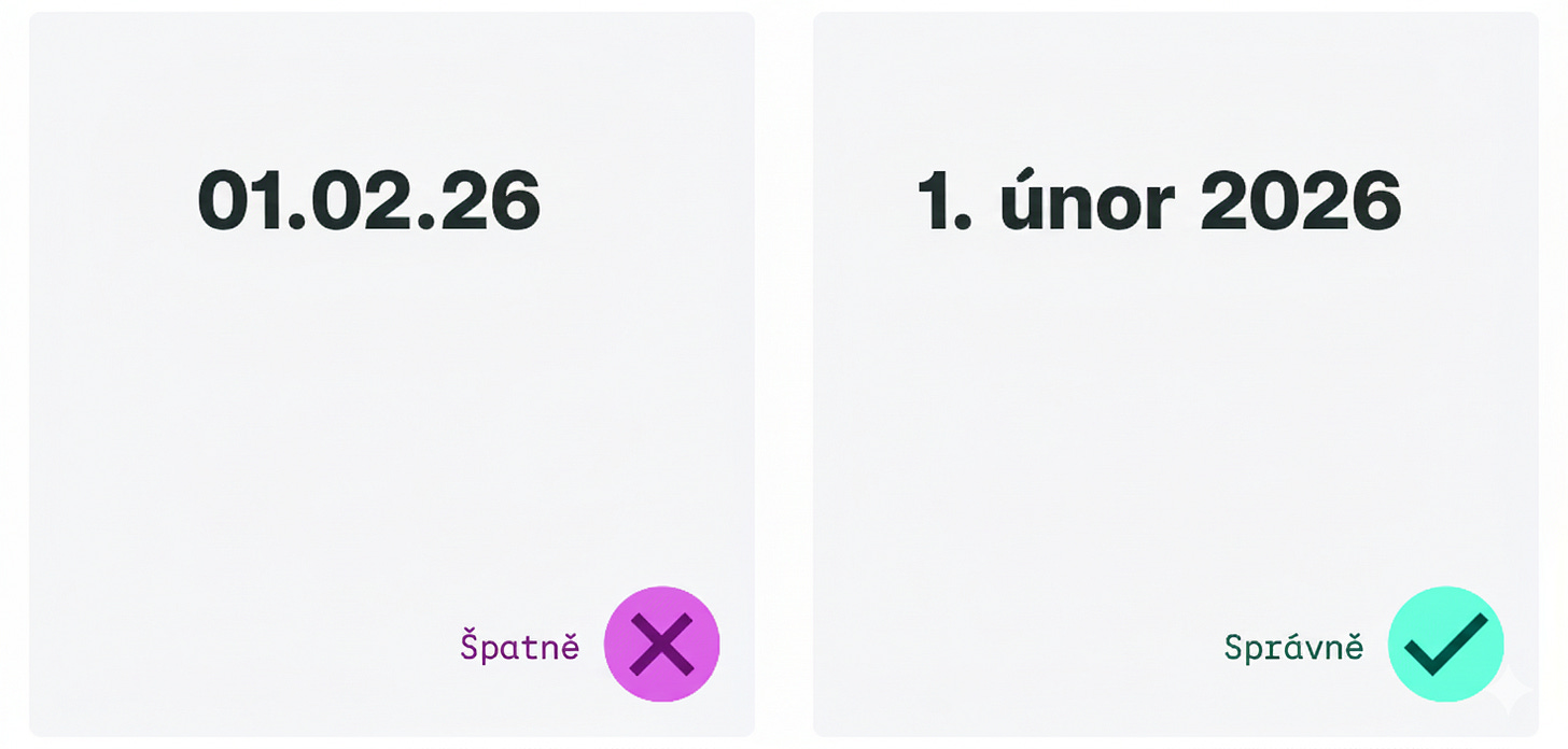 Vlevo (špatně) datum zapsané jako 01.02.26. Vpravo (správně) datum ve formátu 1. únor 2026.