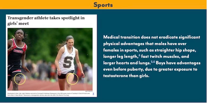 A trans-identified boy easily beats a girl behind him in a race as his leg muscles bulge.