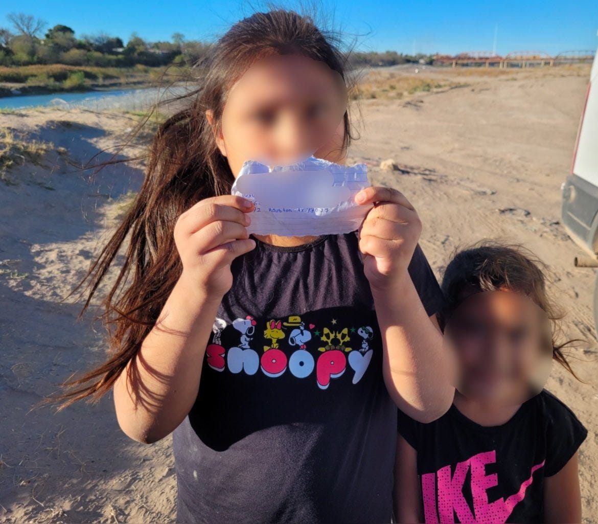 Two 5 & 9 year-old children from El Salvador  present a paper with US adult contact information to a Texas DPS Trooper in Eagle Pass after their cartel human smuggling “guide” abandoned them on the banks of the Rio Grande and fled back to Mexico, three days after Christmas in 2024 (Texas Department of Public Safety image)