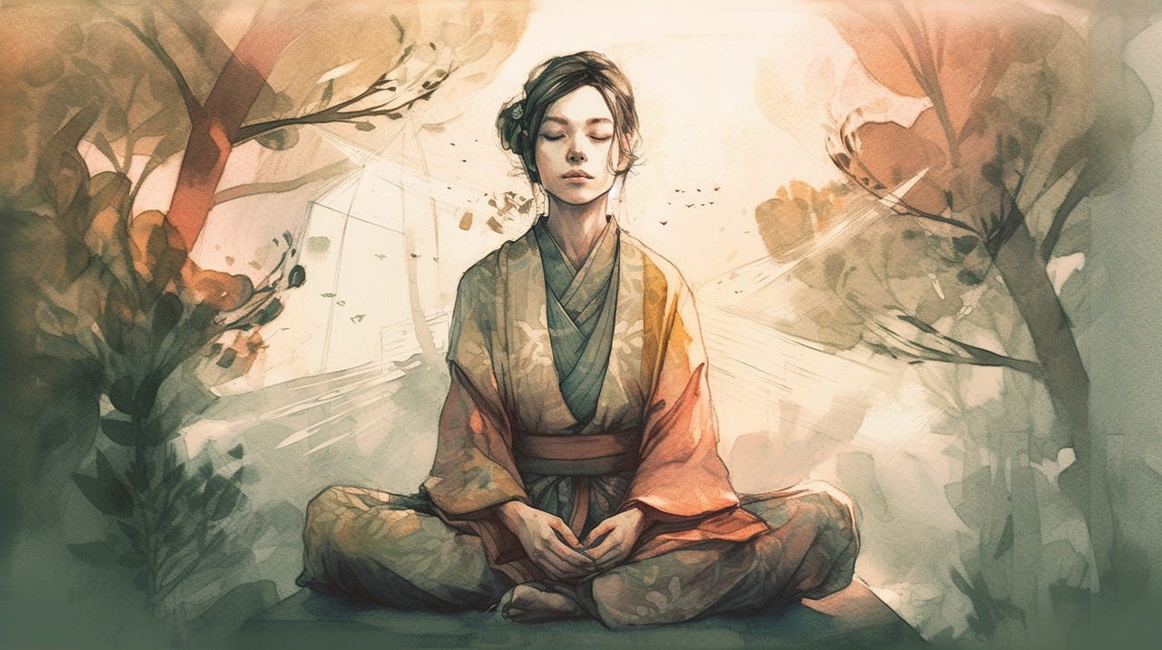 Watercolor illustration of a person in meditation posture wearing flowing robes in warm earth tones: ochre, olive, and rust. Eyes closed, hands resting in lap. Soft washes of color suggest light and movement around the figure. Serene, grounded presence.