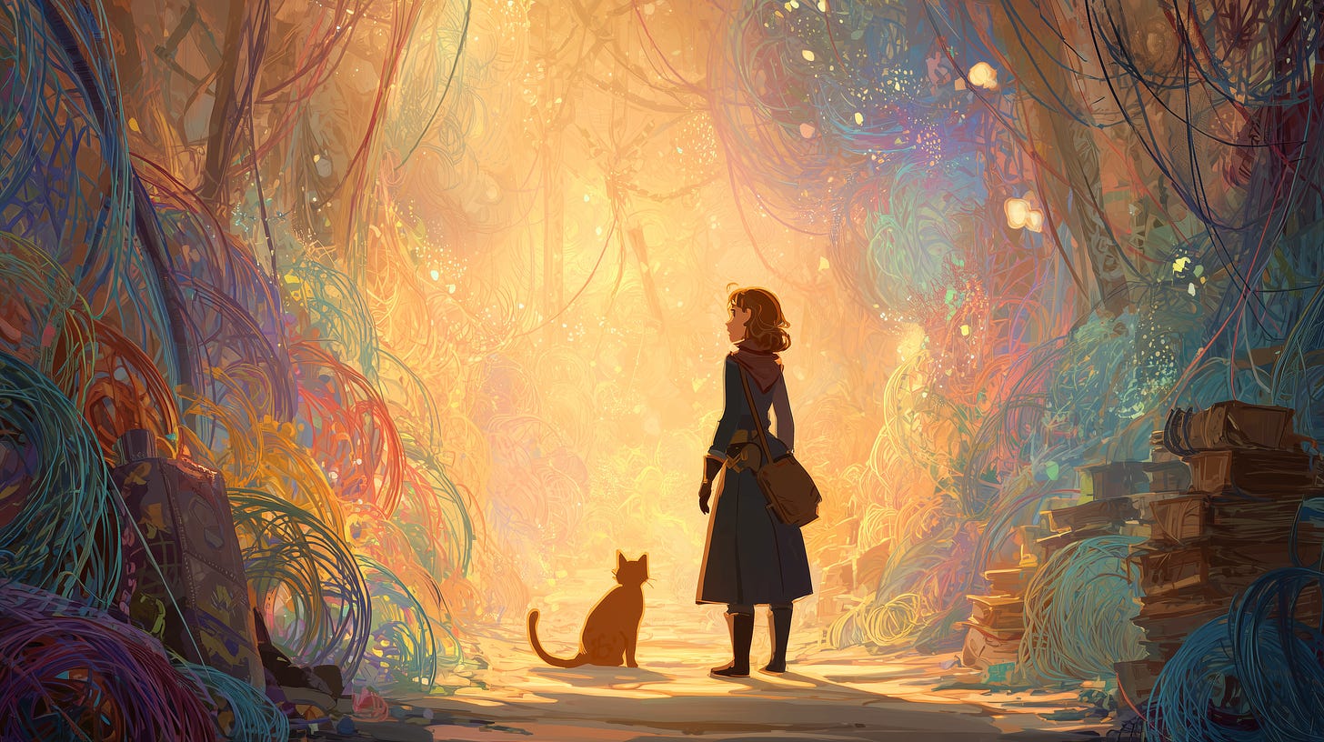 a creative with a cat in a forest of possibilities