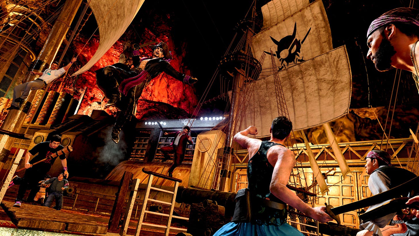 Majima and his crew jump from their pirate ship to a rival pirate ship.