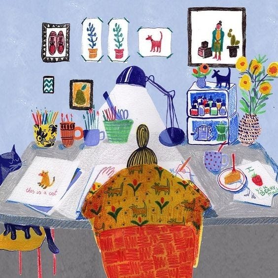 This may contain: a painting of a kitchen table covered in art This may contain: a painting of a kitchen table covered in art