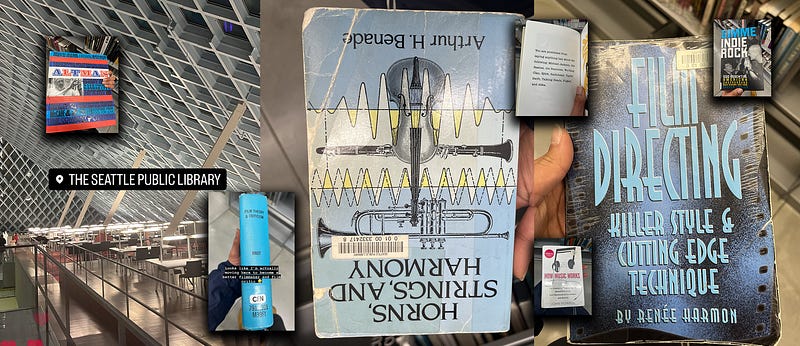 A mini-collage of the books I looked at in Seattle Public Library with an IG Story of the symmetrical look of Seattle Public Library on the left of it all