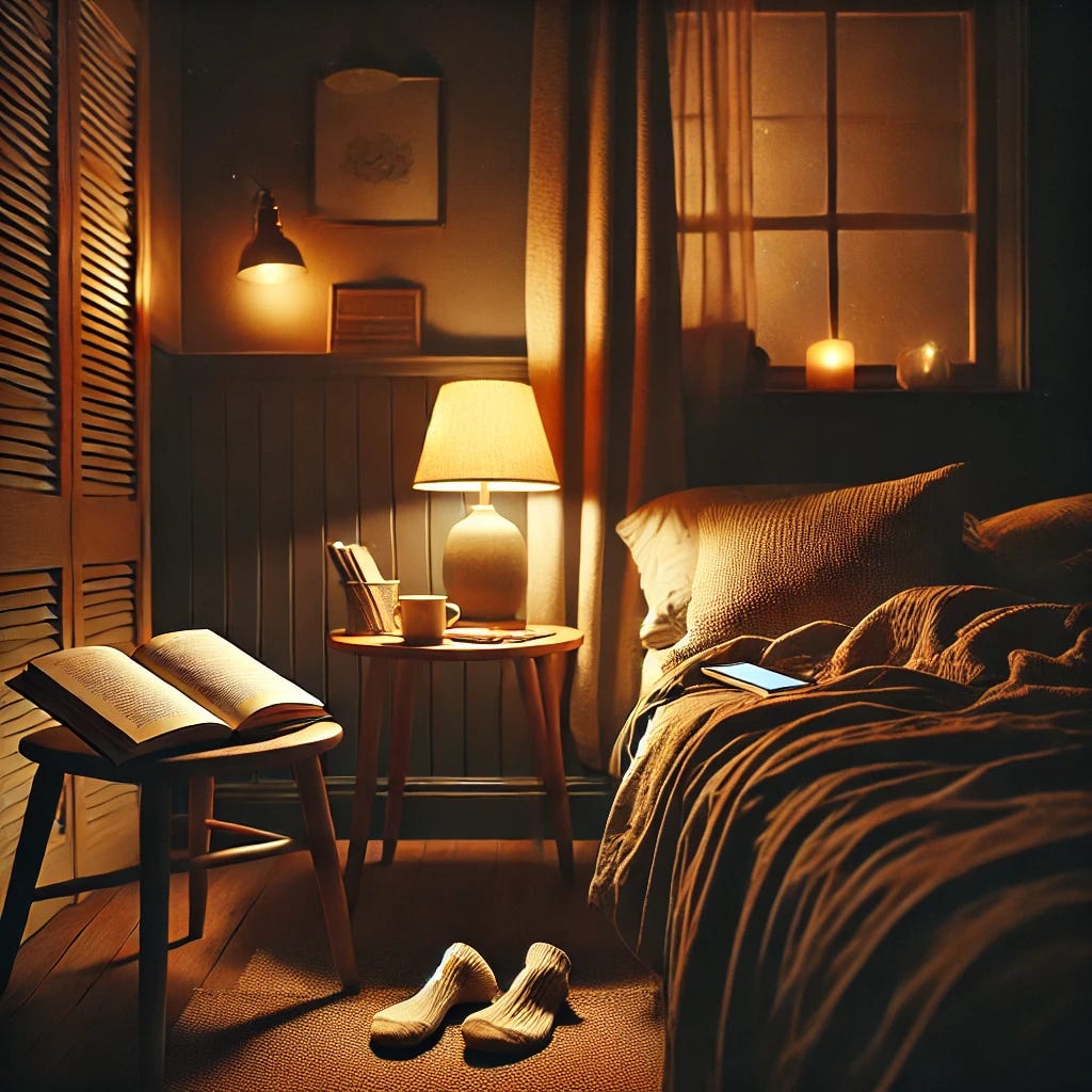 A warm, moody nighttime scene inside a cozy home. The lighting is soft and amber, coming from low lamps and not ceiling lights. A book lies open on a small side table next to a bed with slightly rumpled blankets. A pair of socks are neatly placed on the floor, suggesting someone has just gone to bed. There's no phone in sight. The window is dark with blackout curtains drawn, and the overall mood is calm, intentional, and restful. Emphasis on winding down, peacefulness, and intentional preparation for sleep. The setting should feel relatable and aspirational, not luxurious.