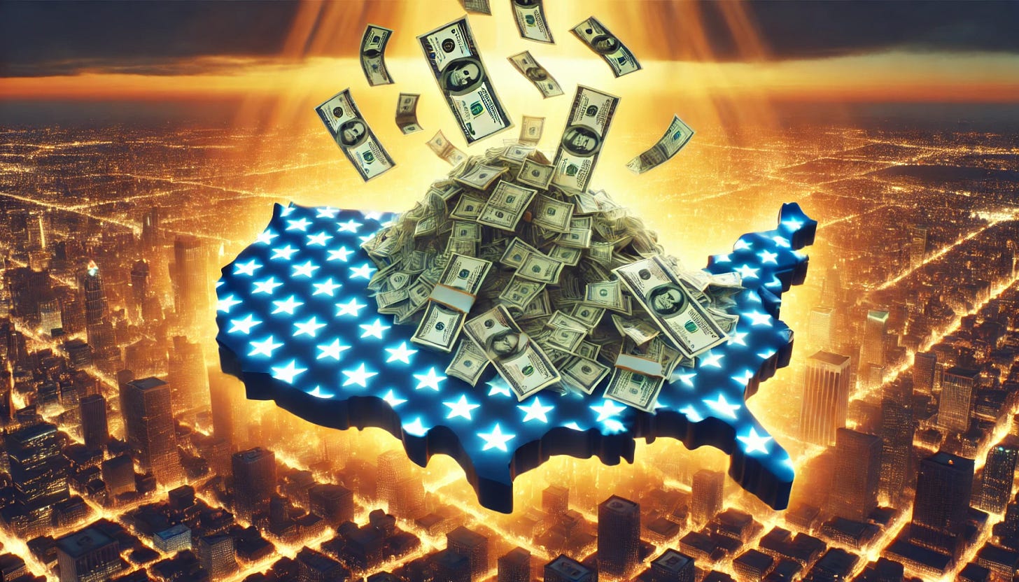 A visually striking image of the United States map with large stacks of money and dollar bills pouring down from above, symbolizing massive investment inflows. The map should be well-defined, glowing in a way that highlights economic growth and prosperity. The background should include a sky with golden light, signifying opportunity and wealth. The overall composition should emphasize the idea of large-scale financial commitment to U.S. development.