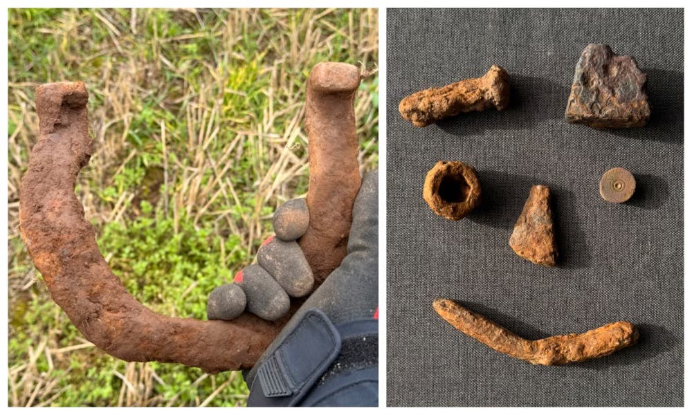 some bits of iron pilled from the ground. some make the shape of a face.