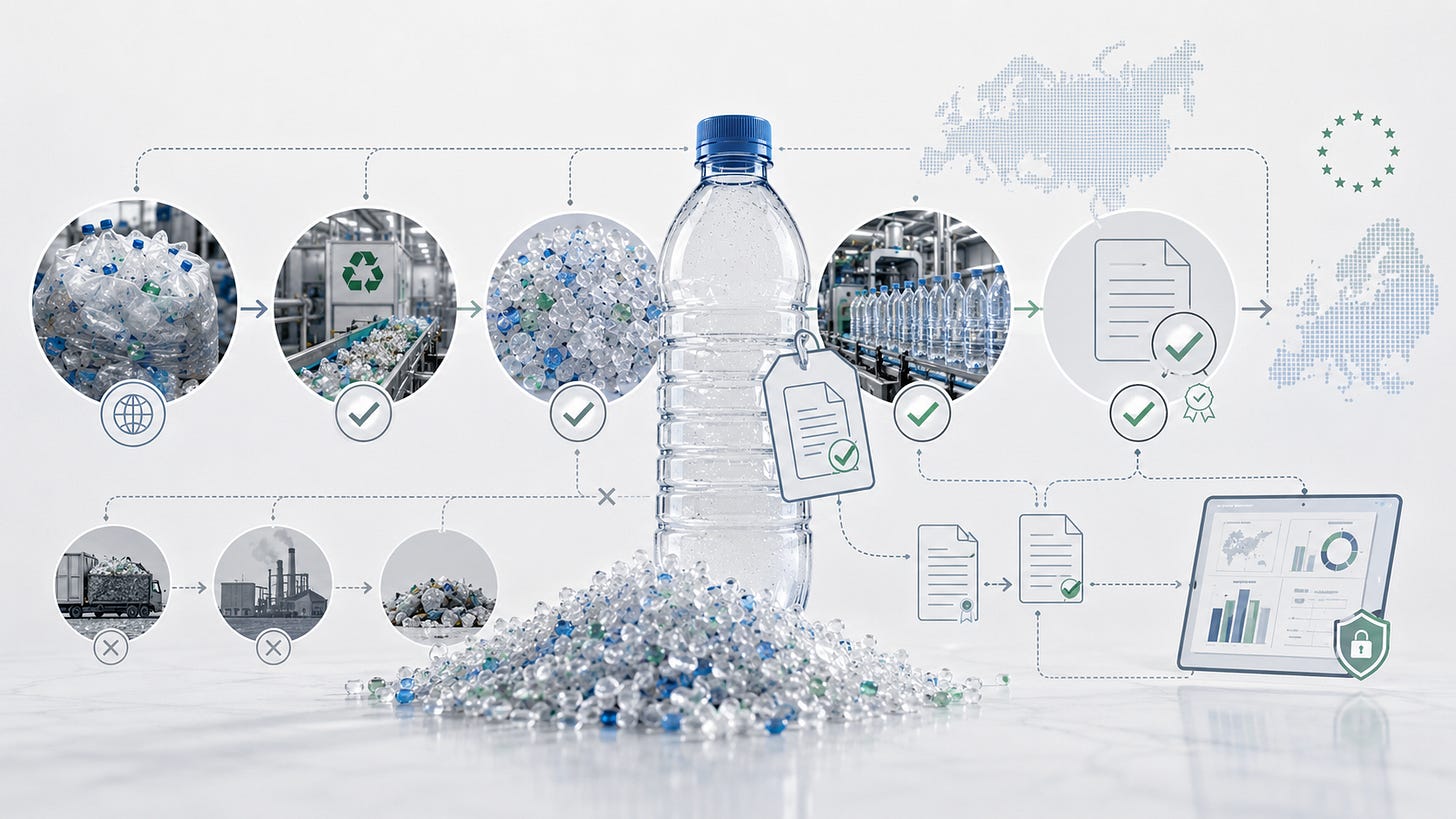 Lanț european de trasabilitate pentru plastic reciclat, de la colectare și procesare până la producția sticlei, documente și raportare.