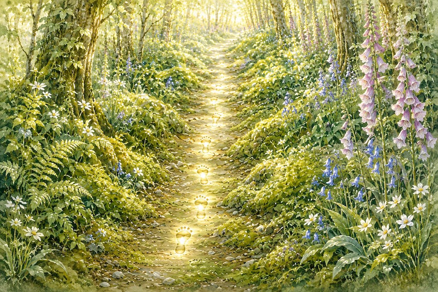 Tiny glowing faery footprints appear and fade along a moss-lined woodland path, guiding Enya deeper into the enchanted forest beneath arching trees and spring wildflowers. AI-assisted artwork. © 2026 Designed by Kim West. All rights reserved. Tiny glowing faery footprints appear and fade along a moss-lined woodland path, guiding Enya deeper into the enchanted forest beneath arching trees and spring wildflowers. AI-assisted artwork. © 2026 Designed by Kim West. All rights reserved.