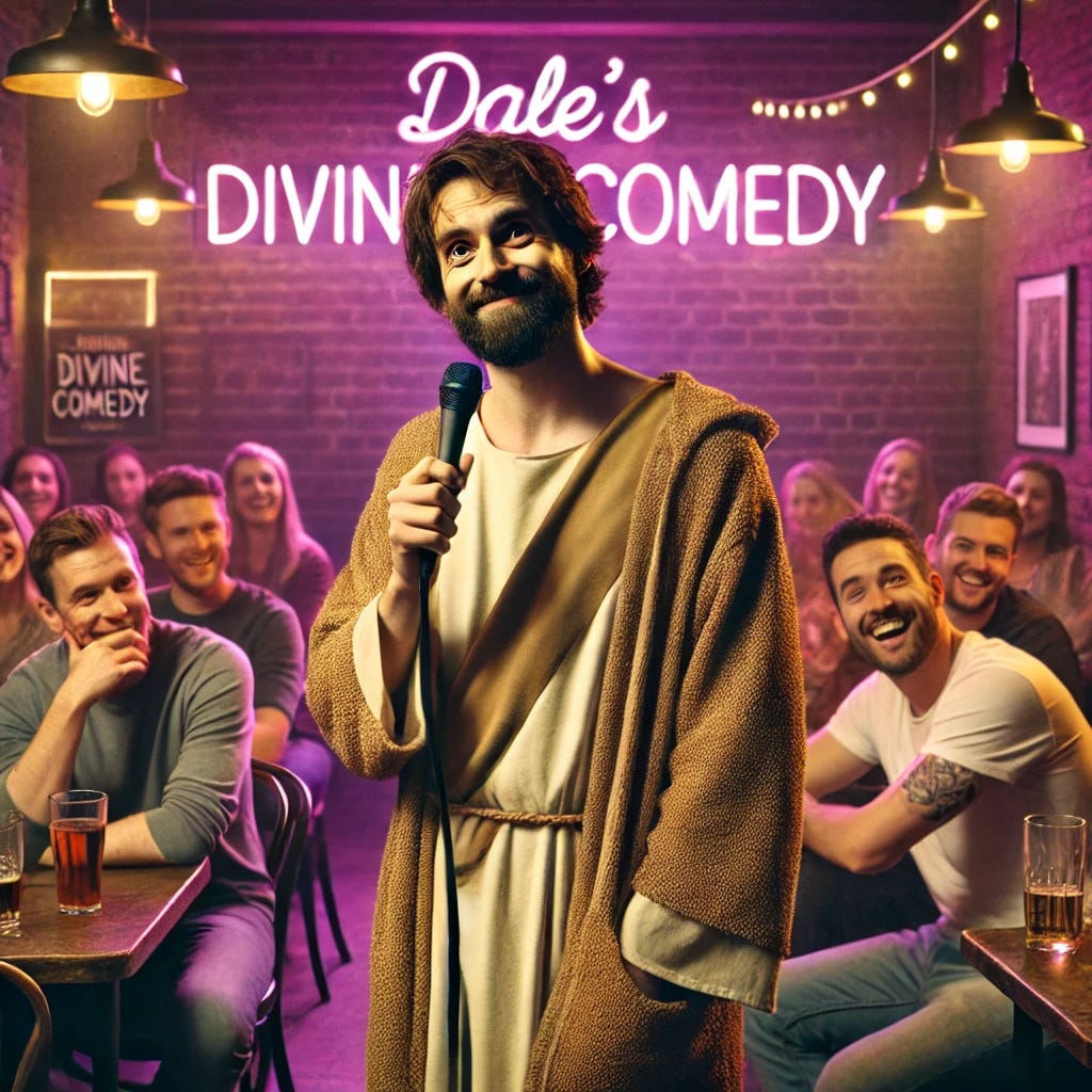 A modern-day Jesus performing stand-up comedy on a small stage in a dimly lit comedy club. He has short, messy hair and a casual hoodie instead of traditional robes. The audience is laughing, some with drinks in hand. A neon sign behind him reads 'Dale's Divine Comedy'. The atmosphere is lively, and Jesus looks confident, holding a microphone with a mischievous grin.
