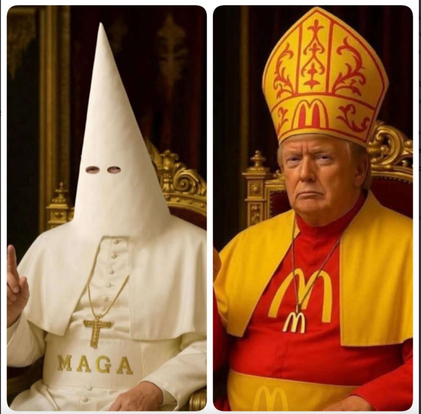 an image of Trump as a KKK pope and as a McDonalds Pope an image of Trump as a KKK pope and as a McDonalds Pope