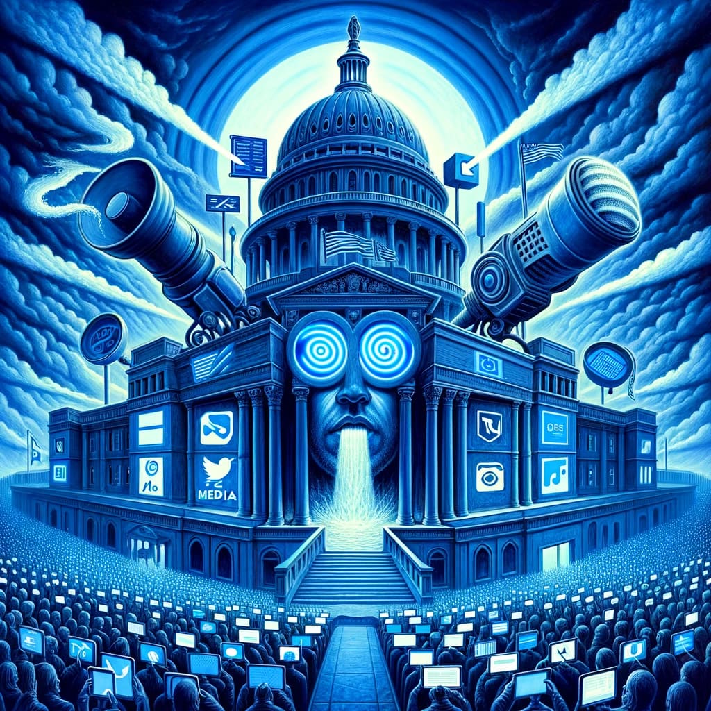 An allegorical artwork titled 'The Blue Empire Strikes Back,' heavily using blue hues. The scene depicts four distinct sections, each representing media, government, universities, and social media. The media section shows a large microphone emitting blue waves. The government section features an imposing building with blue flags. The university area has a grand library with blue books. The social media part displays a giant smartphone with blue notifications. The overall atmosphere is surreal and oppressive, with a dystopian undertone.