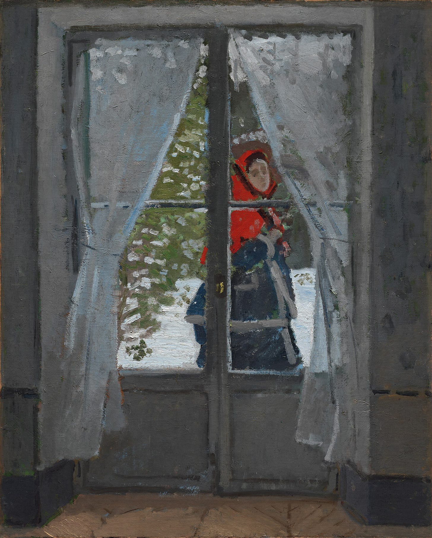 A woman in a red hooded cape glances in from a snowy garden through the tall glass panes of a French window, with bare green trees and snow behind her. A woman in a red hooded cape glances in from a snowy garden through the tall glass panes of a French window, with bare green trees and snow behind her.