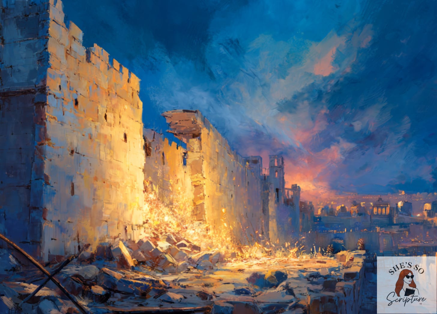 Illustration of Jerusalem being restored at sunrise with fallen weapons outside the city walls, representing God’s covenant promise in Isaiah 54:17.