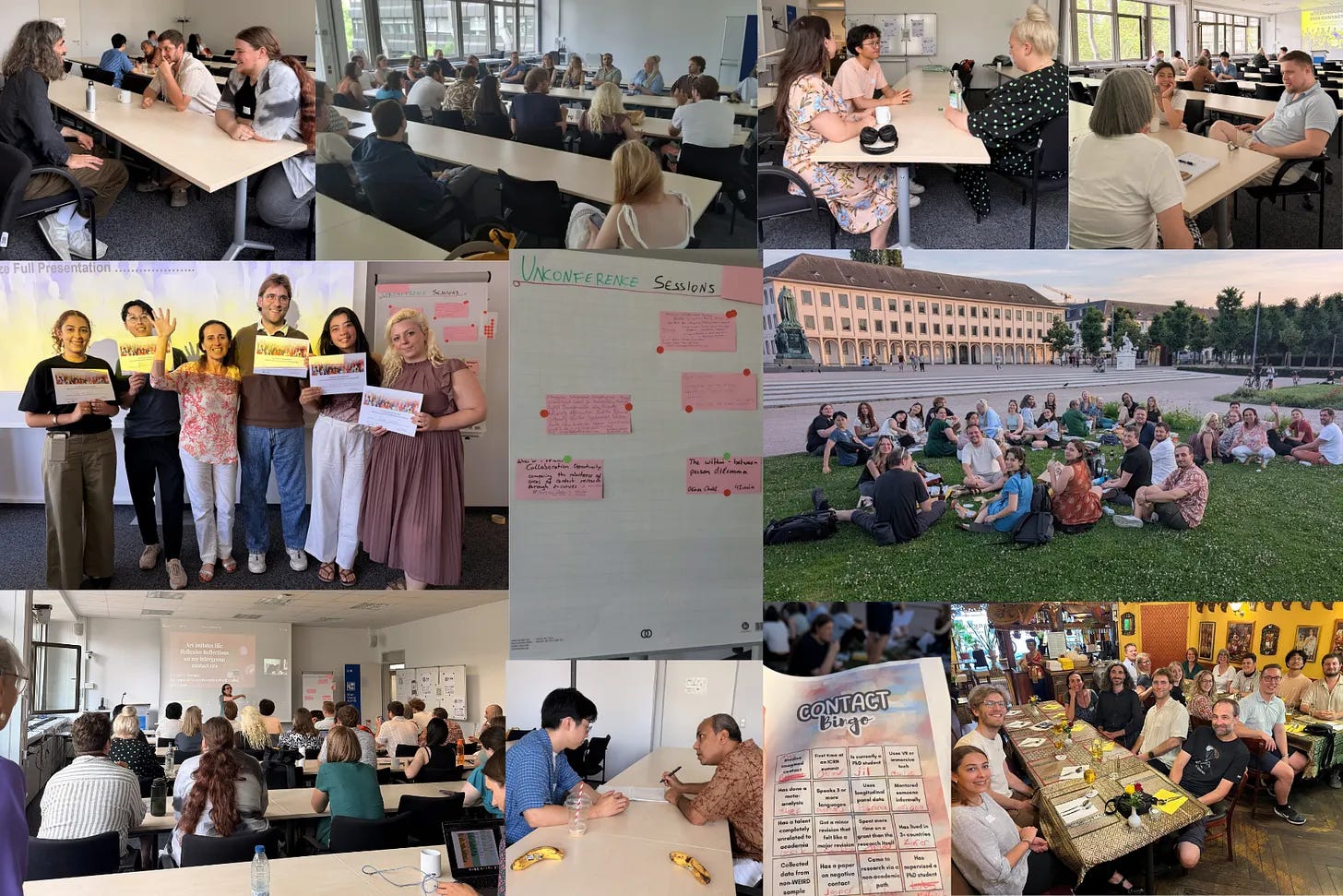 Collage of Summit activities: roundtable discussions, award presentations, unconferencing session, picnic in the Castle Gardens, and Contact Bingo game