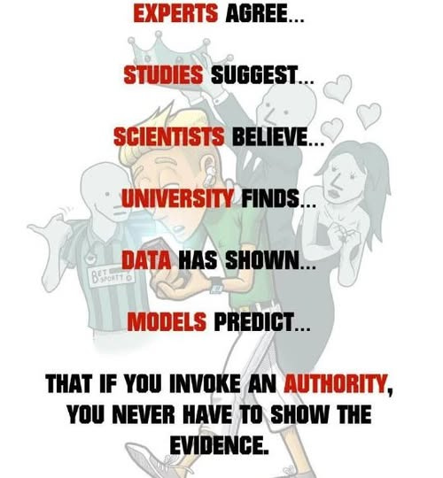 May be a doodle of text that says 'EXPERTS AGREE... STUDIES SUGGEST... SCIENTISTS BELIEVE... UNIVERSITY FINDS... DATA HAS SHOWN... BATO MODELS PREDICT... TH IF γου INVOKE AN AUTHORITY, YOU NEVER HAVE TO SHOW THE EVIDENCE.'