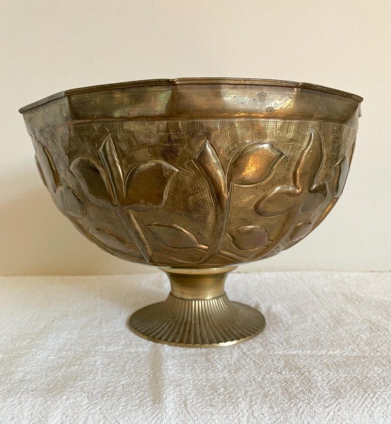Vintage Ornate Brass Footed Bowl: Holiday Centerpiece, Made in India image 1