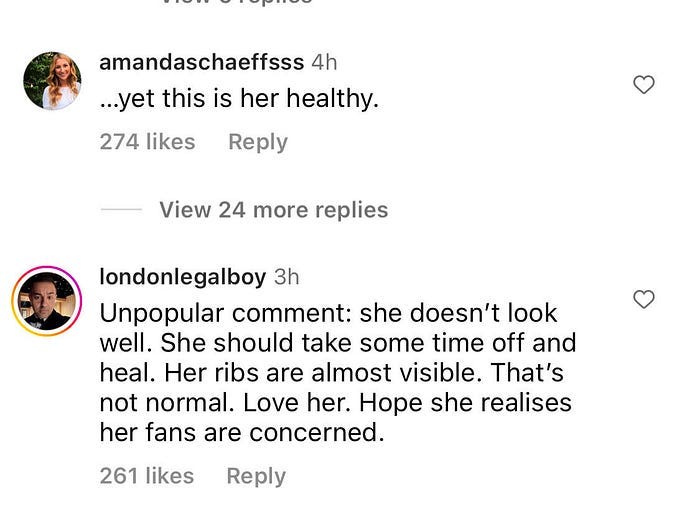 Screenshot taken from Instagram of Ariana Grande’s comment thread where people are skinny shaming her.