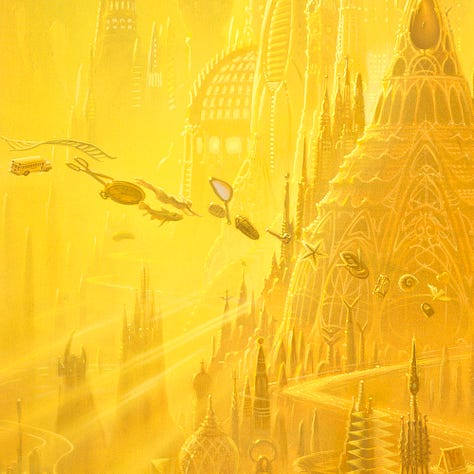 LEFT: Detail from CITY OF GOLDEN SHADOWS featuring the central dome rendered in gold. Atop is a large jeweled window in teardrop shape. A shimmering cascade snakes around it through a variety of spires and out an ornate gate of intersecting arches. CENTER: Close detail from CITY OF GOLDEN SHADOWS featuring the gate in the lower right foreground. The gate is formed by the intersection of two parabolas, one wider and shorter than the other. It has an ornate spire rising from the top decorated at the top with a winged circle perched on a triangle. A shimmering trail snakes through and around the points of towers erected in a variety of styles. RIGHT: Close detail from CITY OF GOLDEN SHADOWS featuring a nonsensical stream of symbols including a a dove, padlock, ammonite, hourglass, rowboat starfish, tobacco pipe, trilobite, hand mirror, swimming woman, fish, pocket watch, scissors, school bus, and wavy ladder.