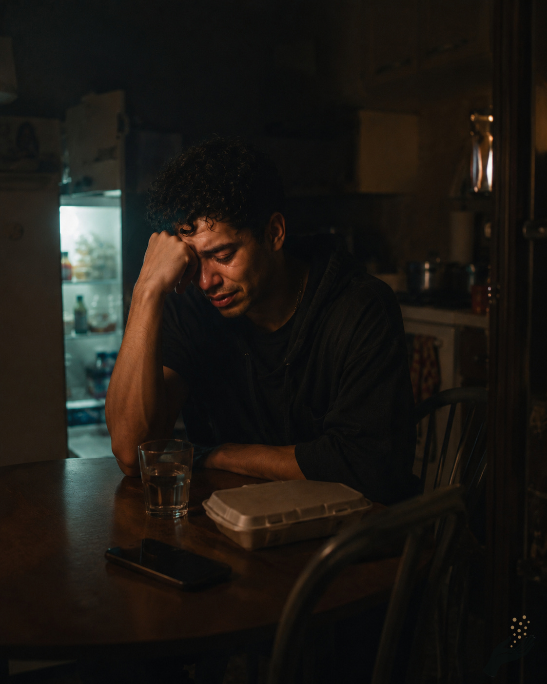 A young man sits alone at a small kitchen table at night, crying beside a phone, takeout container, and glass of water. A dim kitchen light and open refrigerator glow illuminate the modest apartment around him.