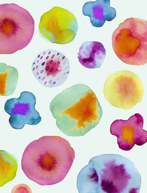 This may contain: an image of colorful flowers painted in watercolors on white paper with polka dots
