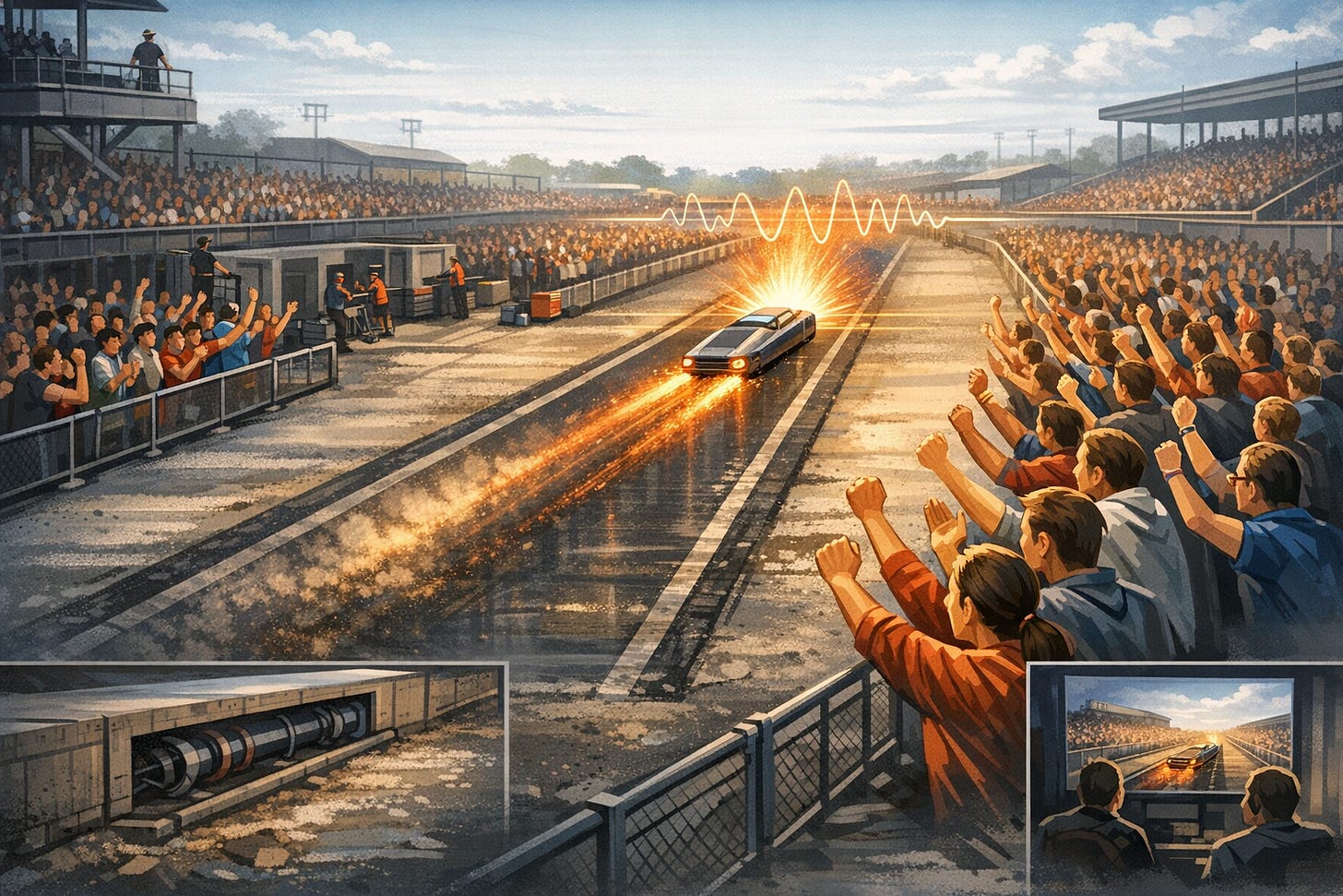 Open-air race track packed with crowds on both sides as a sleek vehicle speeds down the central lane in a burst of sparks, with inset views of an underground mechanism and a control room screen showing the same run.