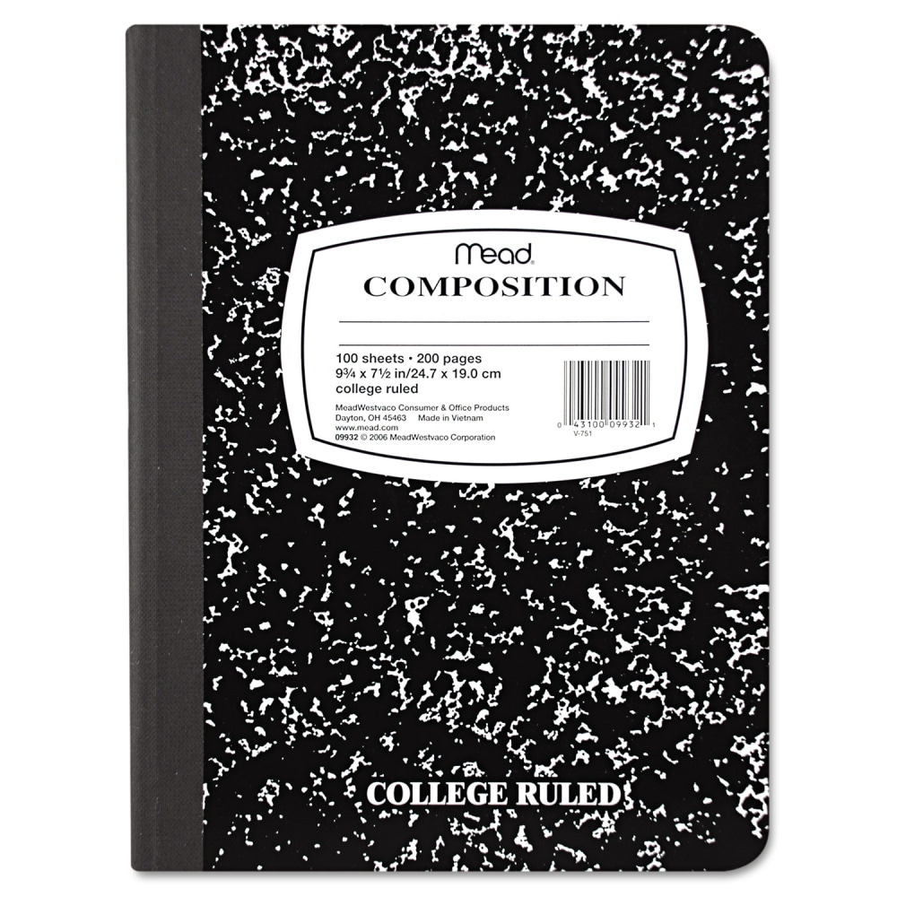 Mead Composition Book, 7-1/2" x 9-3/4", 100 Sheets, Black Marble