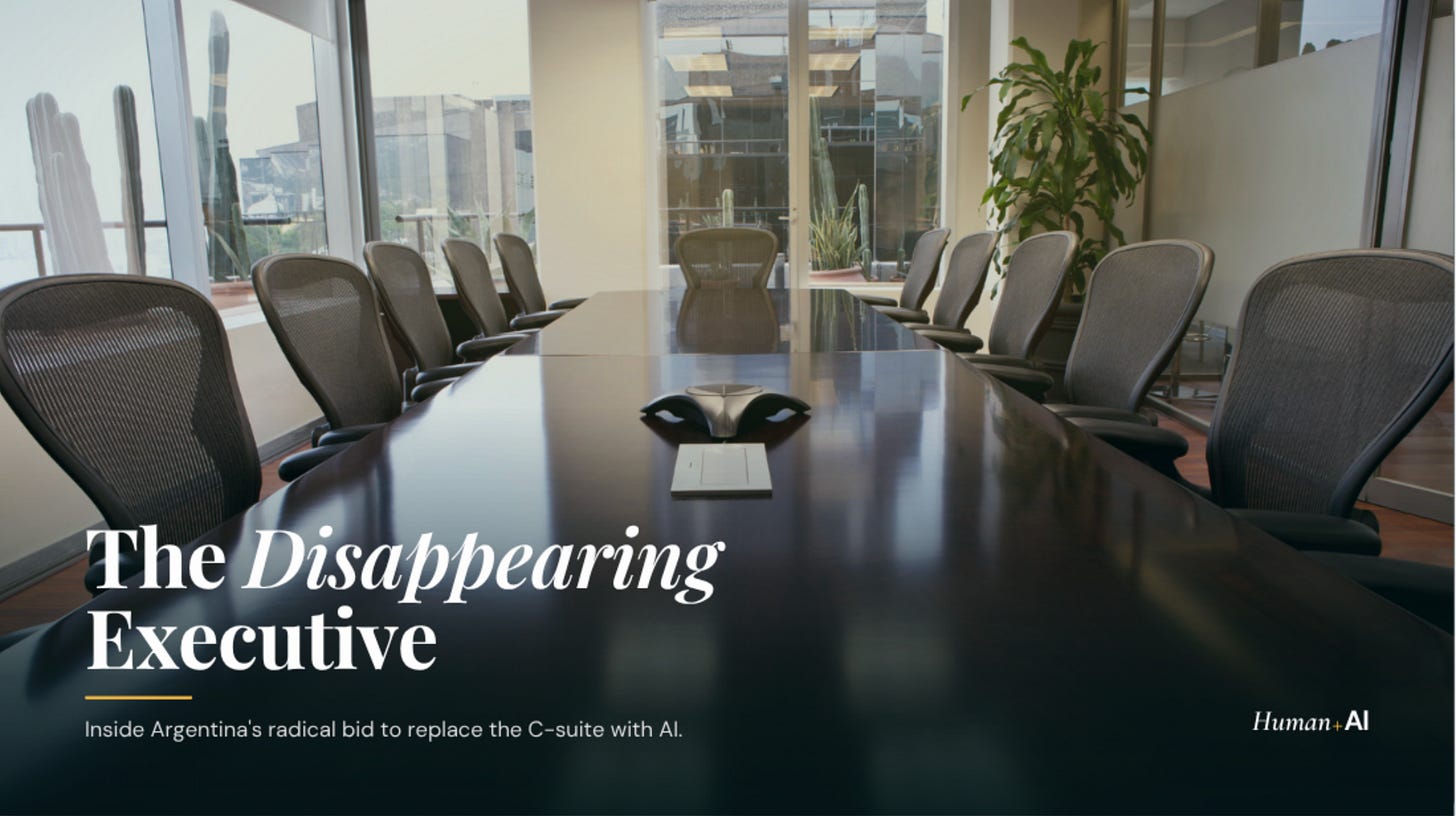 A boardroom with no one in it. Title says "The Disappearing Executive, Inside Argentina's radical bid to replace the C-suite with AI.