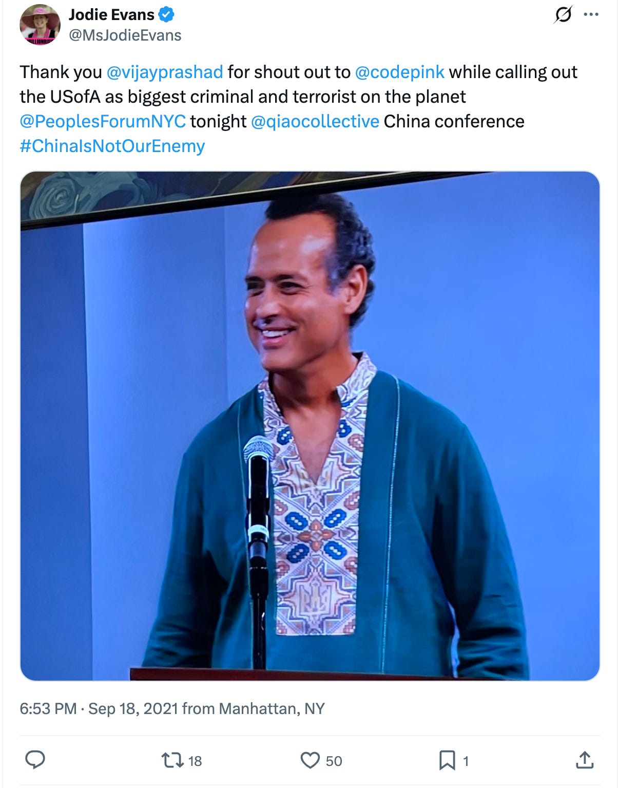 CODEPINK’s Jodie Evans praises Vijay Prashad for his speech blaming the U.S. for tensions with China.