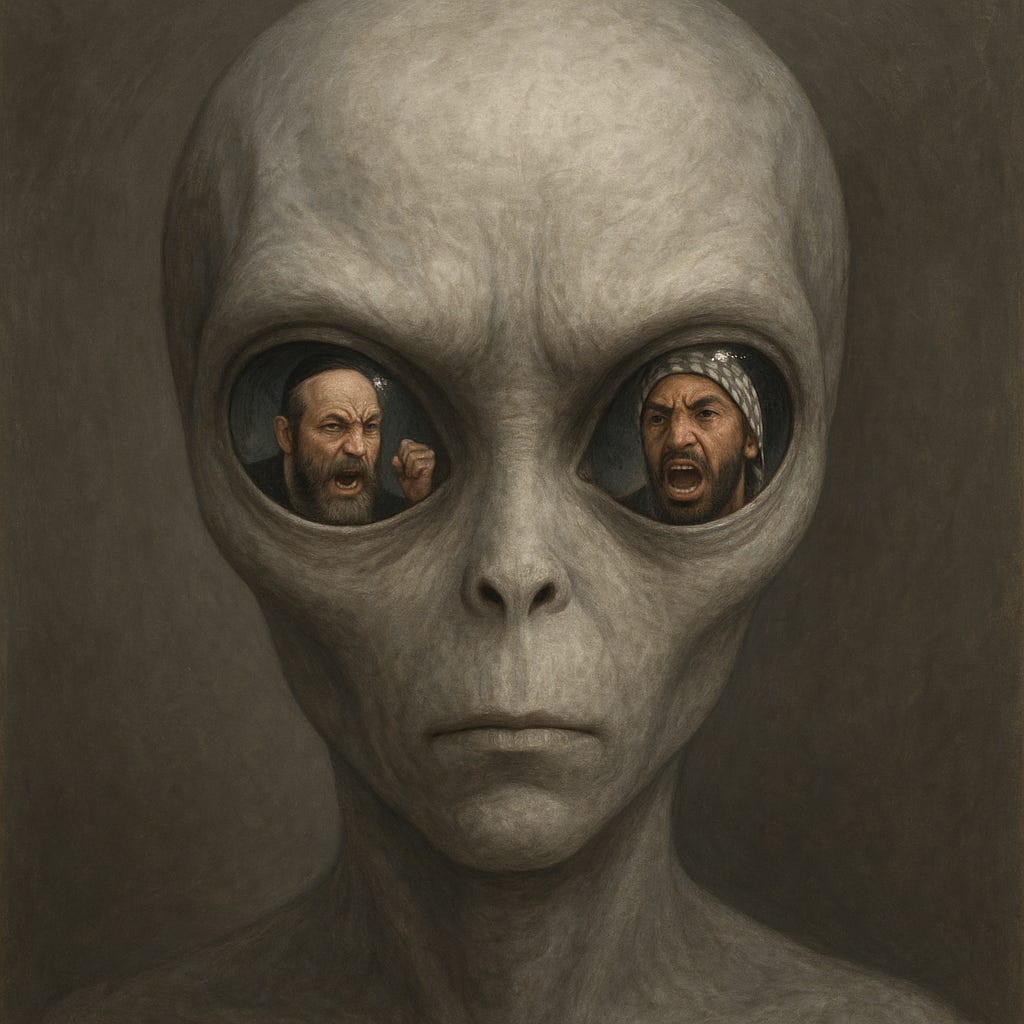 Gray Alien with Reflections of Conflict