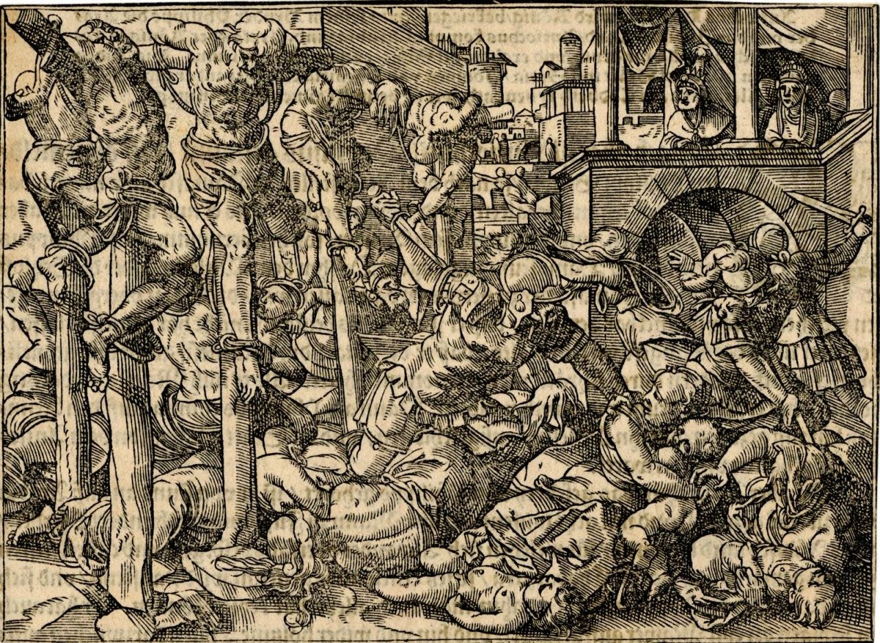 Alexandre Janneus crucifiant 800 jiifs, illistration d'un livre de Flavius Josephe, Strasbourg, 1574-1578 Alexandre Janneus crucifiant 800 jiifs, illistration d'un livre de Flavius Josephe, Strasbourg, 1574-1578