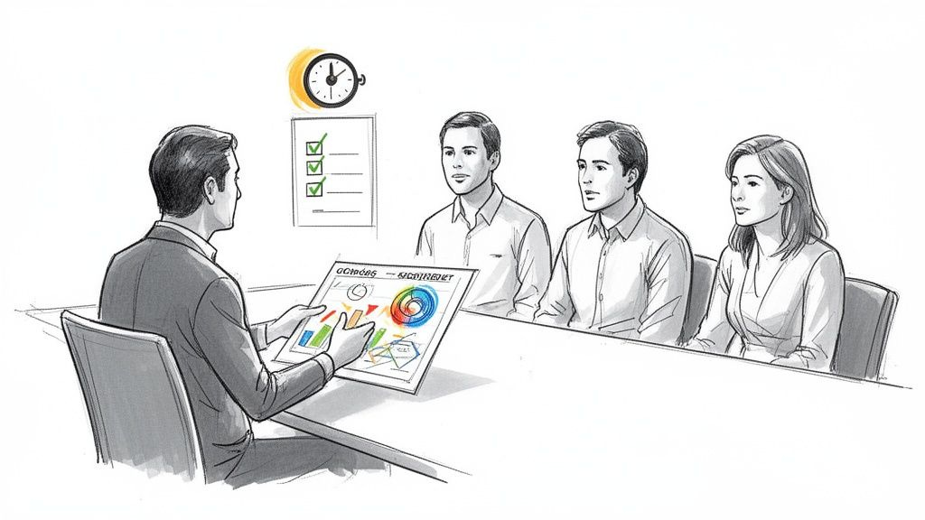 A man presents data visualizations on a tablet to three colleagues in a business meeting, with a checklist and clock visible. A man presents data visualizations on a tablet to three colleagues in a business meeting, with a checklist and clock visible.