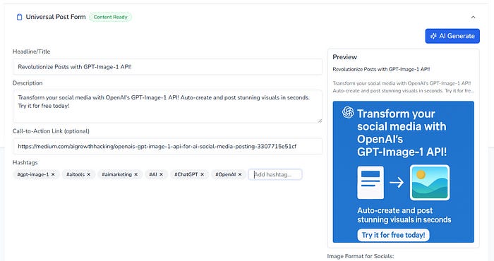 Screenshot of filled-in AI Agent form and Image for Social Media