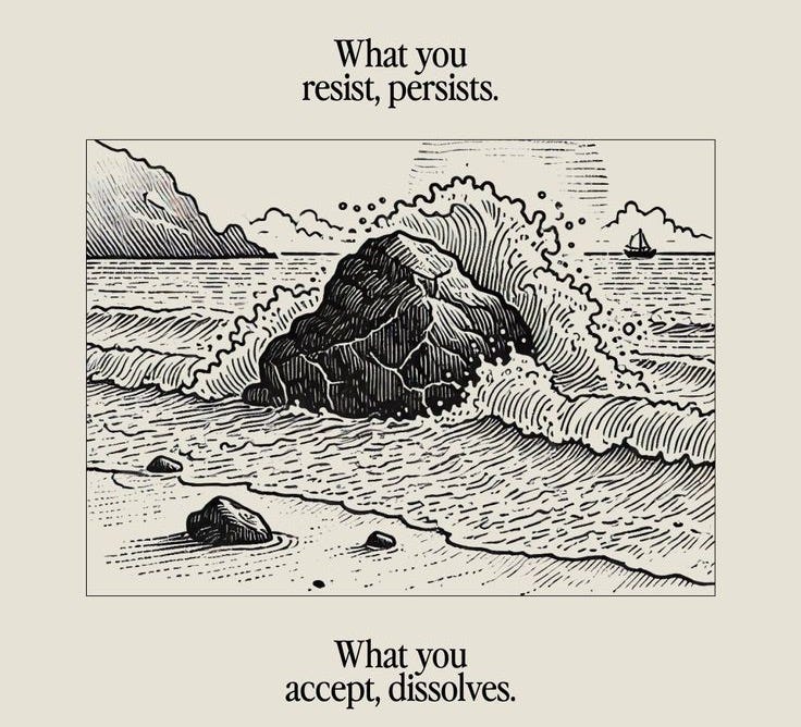 This may contain: an ink drawing with the words what you resist, what you accept, dissolves