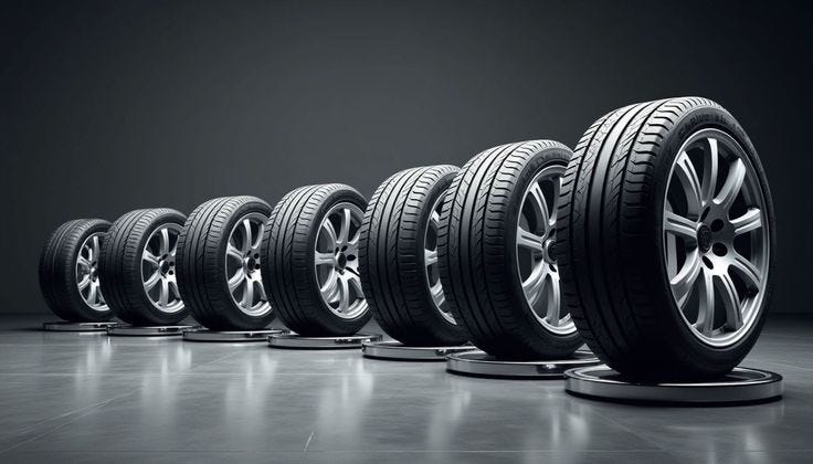 This contains: Row of seven new car tires with alloy rims displayed on a reflective floor against a dark background. This contains: Row of seven new car tires with alloy rims displayed on a reflective floor against a dark background.