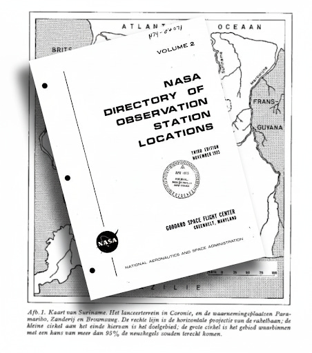 Composite image showing the cover of a 1973 NASA document titled 'Directory of Observation Station Locations' overlaid on a vintage map of Suriname, illustrating the U.S. geodetic mission in the country.