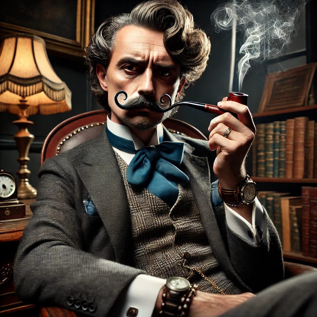 A high-quality photograph of a distinguished author sitting in a chair with his legs crossed, smoking a pipe. He has a dramatic, curled mustache similar to Salvador Dalí's and wears a suit with a vest and a pocket watch. His expression is self-important, with a slight smirk and an intense gaze. The lighting is dramatic, casting shadows that emphasize his features. The background is a richly decorated study with bookshelves filled with old books and a vintage desk lamp casting warm light.