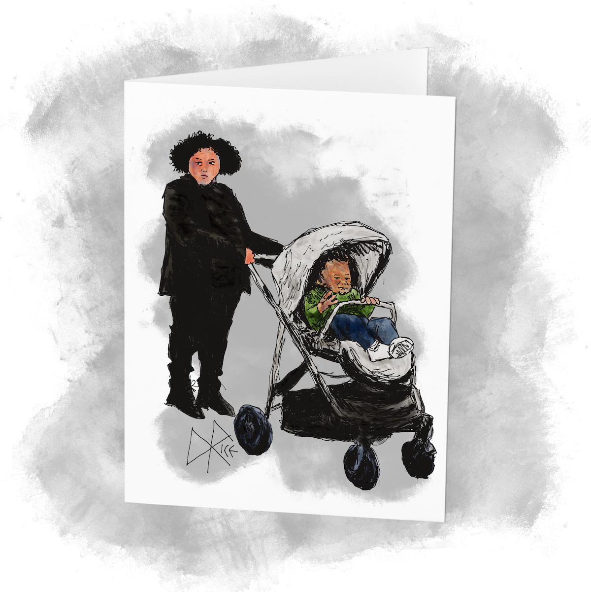 A teen girl stands guard over a baby boy in a stroller. She is thinking, “Batman scans the shadows, as Robin gyrates acrobatically beside him.” Sketch art by Don Rice. A teen girl stands guard over a baby boy in a stroller. She is thinking, “Batman scans the shadows, as Robin gyrates acrobatically beside him.” Sketch art by Don Rice.
