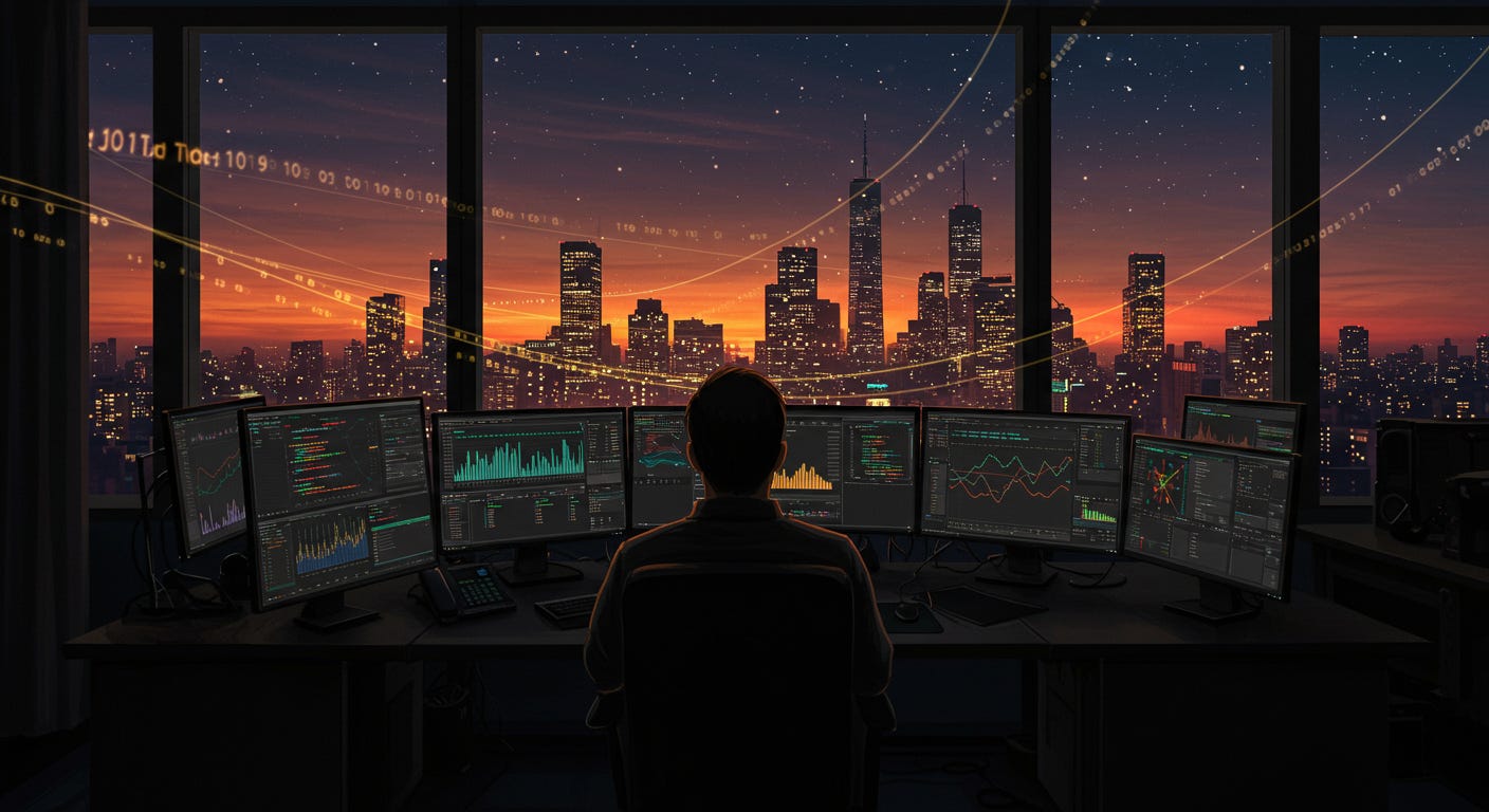 Person views multiple screens with data visualizations, symbolizing AI SEO optimization engine.