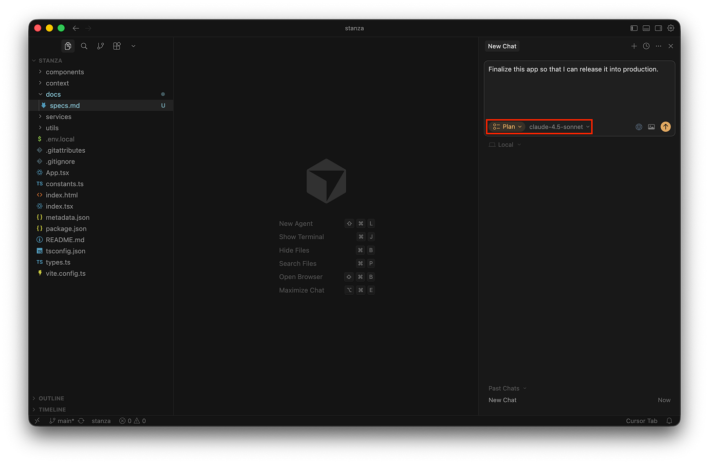 The Cursor chat interface shows a text prompt requesting production finalization with the plan mode option selected. The Cursor chat interface shows a text prompt requesting production finalization with the plan mode option selected.