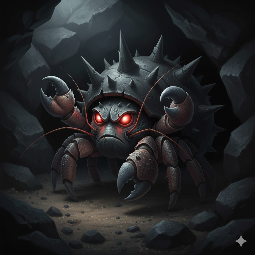 Menacing armored crab creature with glowing red eyes in dark cave.