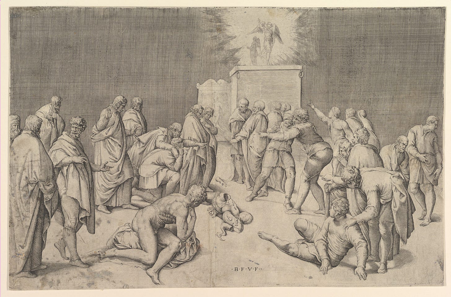 The Philistines Place the Ark of the Covenant in the Temple of Dagon, Battista Franco (Italian, Venice ca. 1510–1561 Venice), Etching and engraving; first state