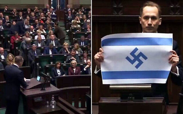 Screen captures from video of far-right Polish lawmaker Konrad Berkowicz holding up a paper Israeli flag with a swastika in the Polish parliament, April 14, 2026. (X; used in accordance with Clause 27a of the Copyright Law)