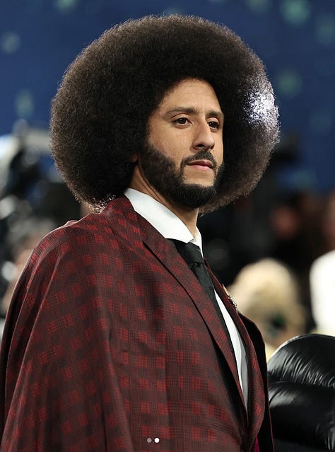 Collage featuring Cardi B, Issa Rae, Angela Bassett, Colin Kaepernick, Doja Cat, Lauryn Hill, and Doechii wearing afro hairstyles at the 2025 Met Gala.