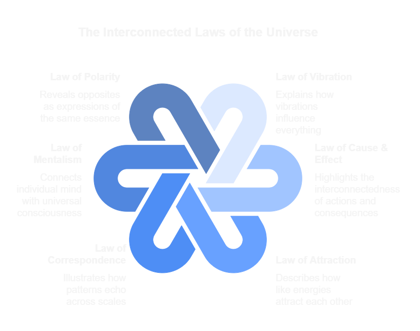 Infographic "The Interconnected Laws of the Universe" showing how laws like Polarity, Mentalism, and Attraction are linked through a central interwoven design.