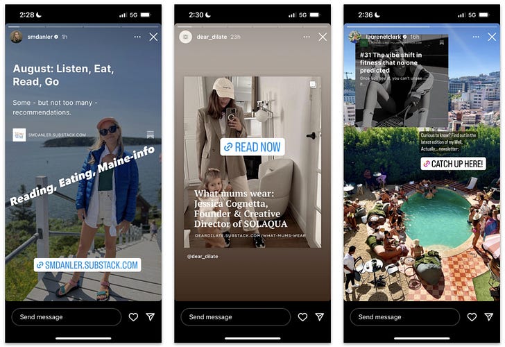 Sharing posts to Stories using Substack's shareable images.