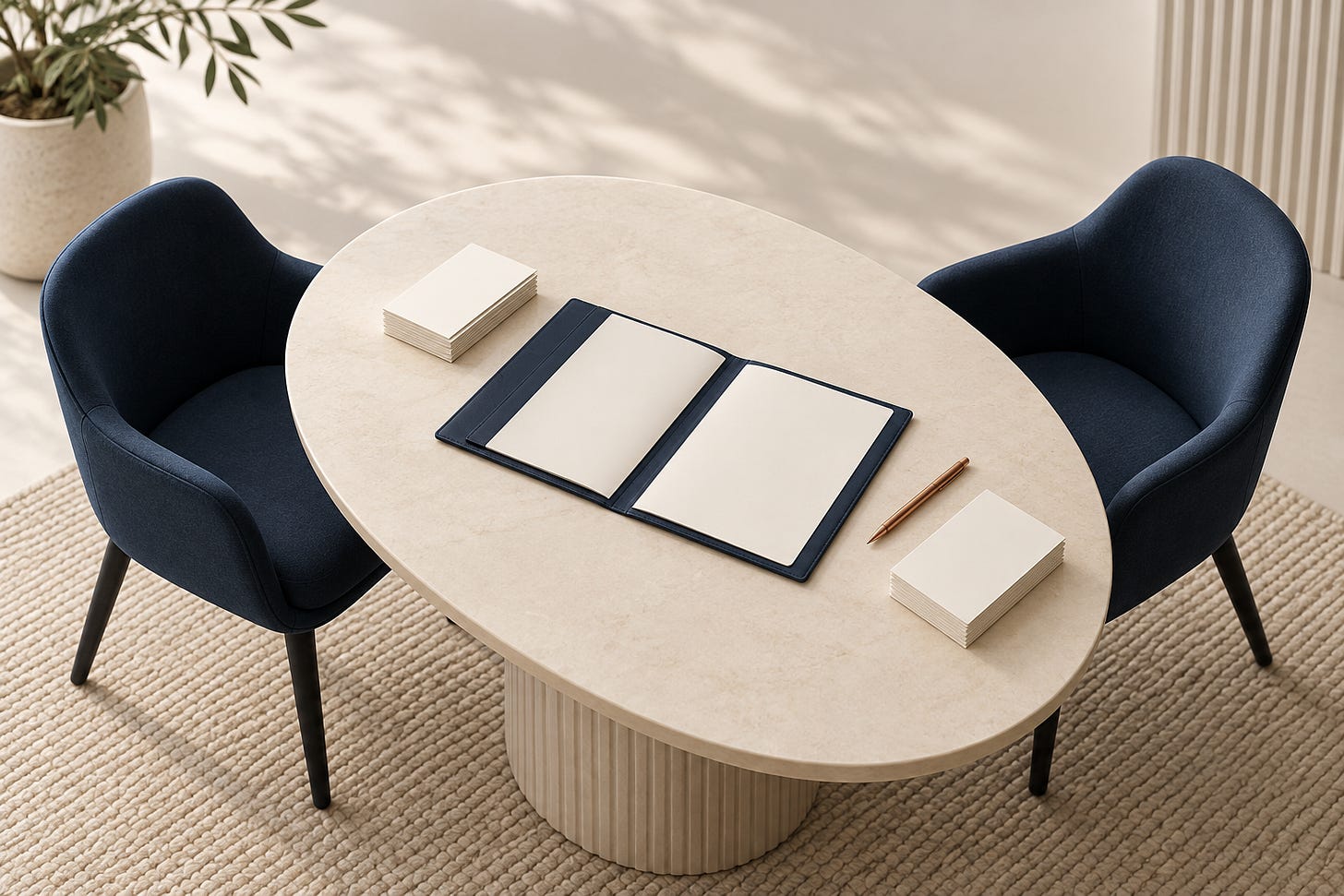 Conceptual meeting setting with two navy chairs, an open blank folio, planning cards and a copper pen on an ivory table.