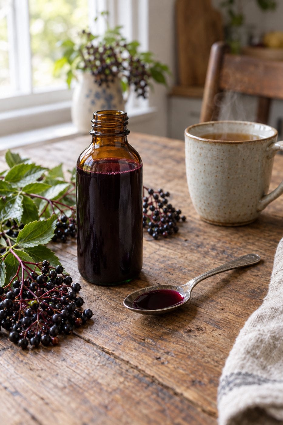 Elderberry syrup at the kitchen table. Illustration.