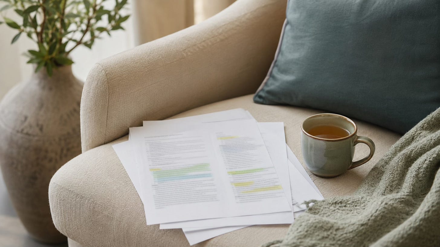 Printed research pages on a soft chair beside tea, symbolizing a grounded look at EFT evidence.